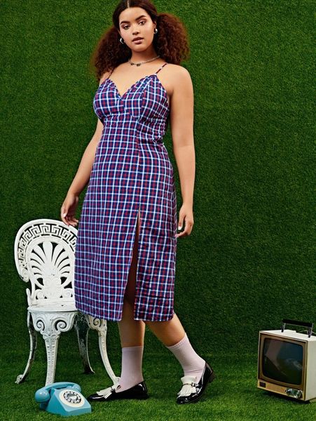 plus split thigh plaid slip dress q9fh#, Black