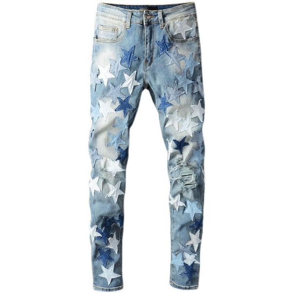 men's jeans male high street fashion brand blue star patchwork leather ripped unique stretch slim-fitting pants 695
men's jeans male high street fashion brand blue star patchwork leather ripped unique stretch slim-fitting pants 695