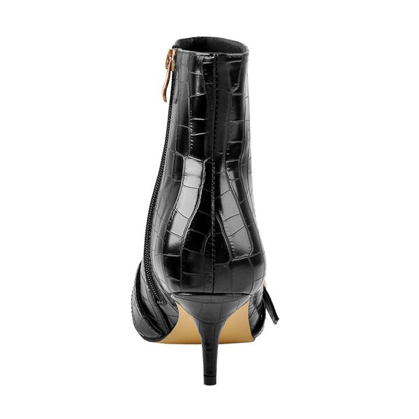 women pointed toe pattern kitten heel 6.5cm stone zipper ankle boots single strap black and white booties
women pointed toe pattern kitten heel 6.5cm stone zipper ankle boots single strap black and white booties