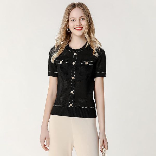 women's t-shirt 2229 summer women small sweet wind knit button patchwork pockets short sleeve casual fashion unique elegant loose o-nec, White
women's t-shirt 2229 summer women small sweet wind knit button patchwork pockets short sleeve casual fashion unique elegant loose o-nec, White