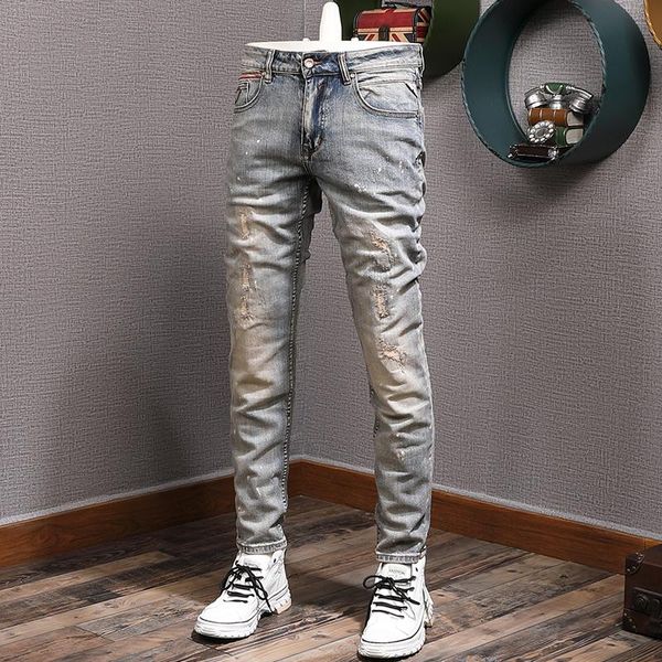 men's jeans italian style fashion men retro blue gray elastic slim ripped patchwork designer hip hop splashed denim pants
men's jeans italian style fashion men retro blue gray elastic slim ripped patchwork designer hip hop splashed denim pants