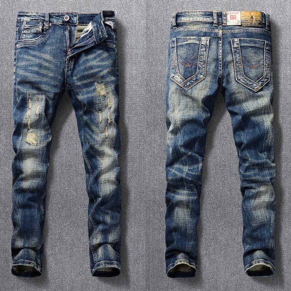 men's jeans italian style fashion retro dark blue slim fit elastic cotton ripped embroidery designer vintage denim pants tui7
men's jeans italian style fashion retro dark blue slim fit elastic cotton ripped embroidery designer vintage denim pants tui7