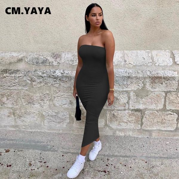 casual dresses cm.yaya women dress solid sleeveless strapless strechy bodycon long maxi fashion streetwear summer outfits 2021, Black;gray