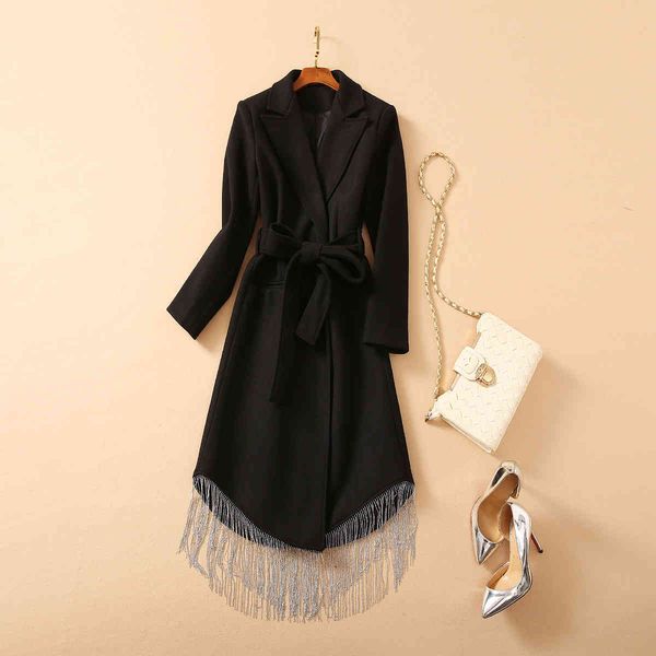 women's wool & blends european and american women's wear winter style long sleeve lapel pin bead tassel lace-up fashionable woolen, Black
women's wool & blends european and american women's wear winter style long sleeve lapel pin bead tassel lace-up fashionable woolen, Black