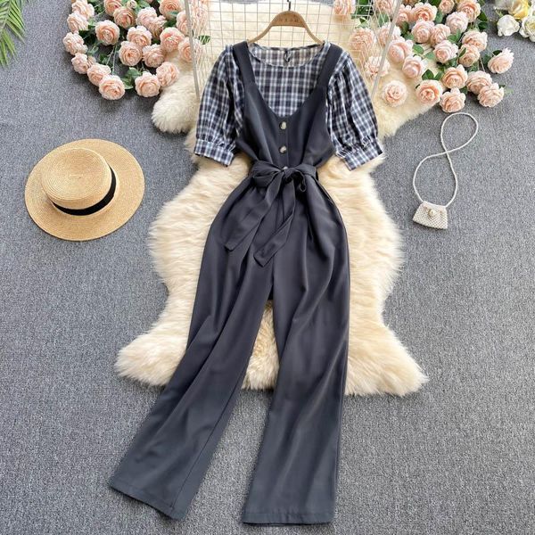 women's two piece pants summer fashion temperament retro plaid all-match age-reducing strap wide-leg two-piece suit kk100, White
women's two piece pants summer fashion temperament retro plaid all-match age-reducing strap wide-leg two-piece suit kk100, White