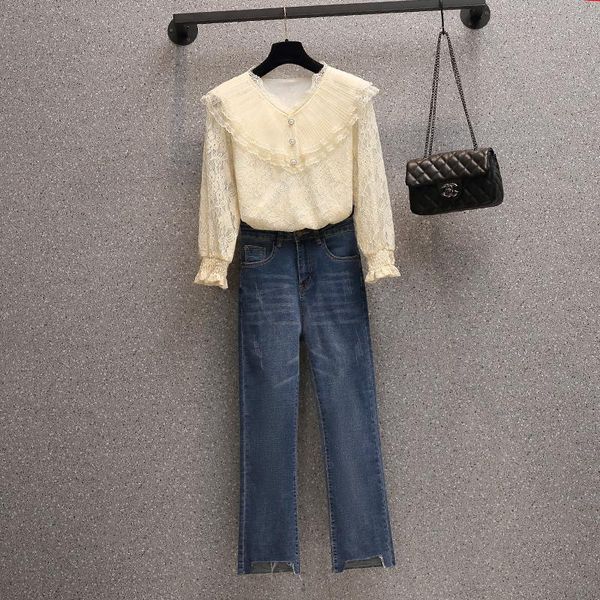 size women's clothing spring 2021 fat sister mm slim and foreign style age reducing lace shirt jeans two piece set, Blue
size women's clothing spring 2021 fat sister mm slim and foreign style age reducing lace shirt jeans two piece set, Blue
