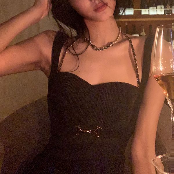 black knitted halter dress female spring french hepburn style, Black;gray 
black knitted halter dress female spring french hepburn style, Black;gray