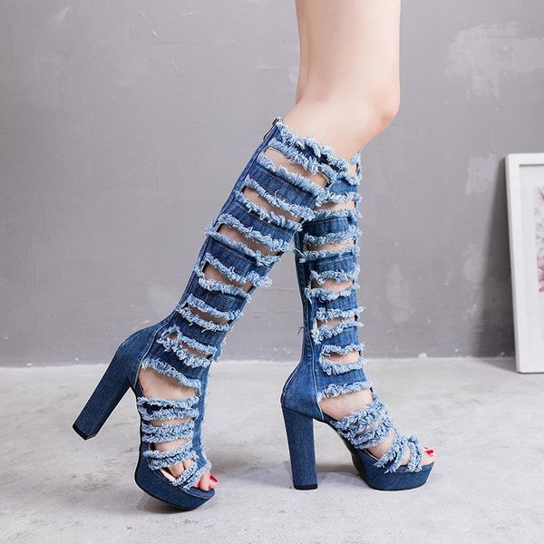 fashion high tube cool boots summer roman thick heeled sandals hollow denim shoes fashionable dress, Black
fashion high tube cool boots summer roman thick heeled sandals hollow denim shoes fashionable dress, Black