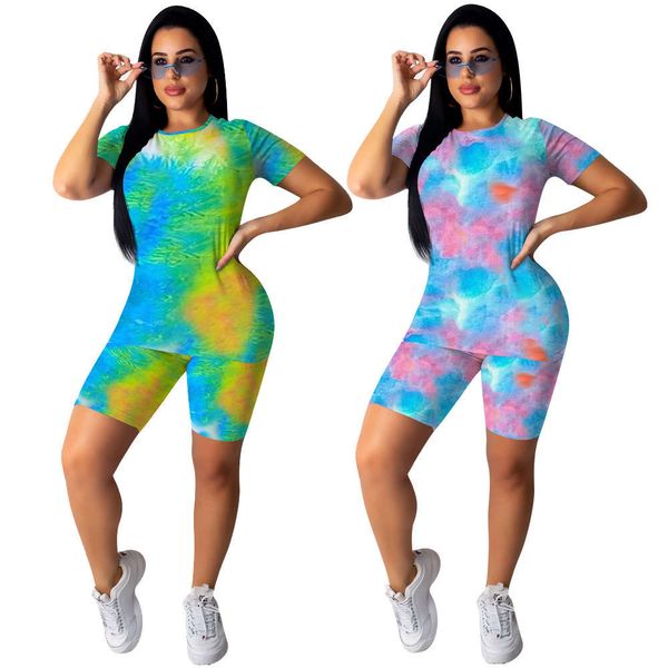 women's fashion casual t-shirt round neck tie dye printed shorts two piece suit, White
women's fashion casual t-shirt round neck tie dye printed shorts two piece suit, White