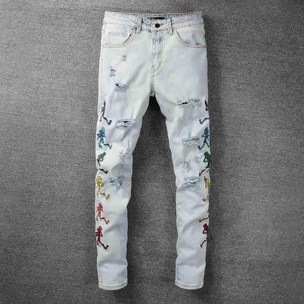 men's jeans high street men ripped embroidery washed streetwear hip hop denim trousers for male, Blue
men's jeans high street men ripped embroidery washed streetwear hip hop denim trousers for male, Blue
