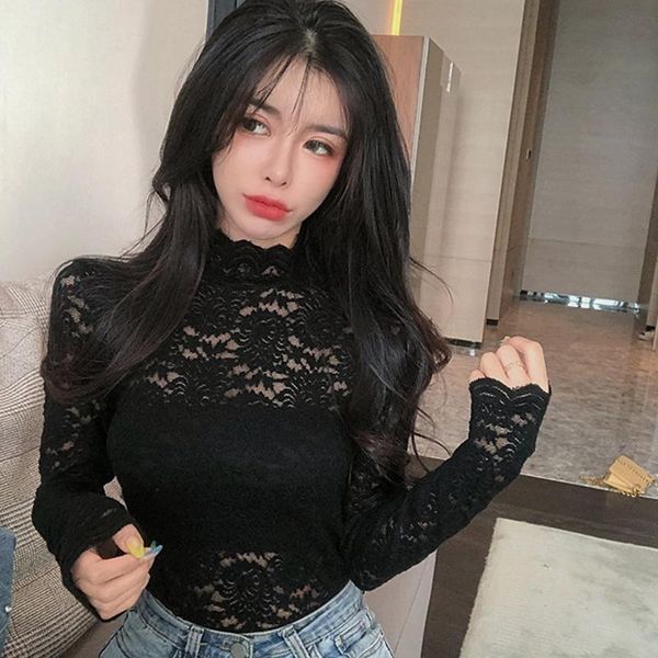 women's t-shirt pure color stretch all-match high-neck lace shirt with a bottoming, White
women's t-shirt pure color stretch all-match high-neck lace shirt with a bottoming, White