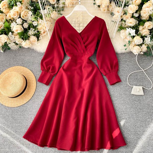 vintage v-neck draped party dress women casual high waist long sleeve black/green dresses female elegant fashion 210426, Black;gray
vintage v-neck draped party dress women casual high waist long sleeve black/green dresses female elegant fashion 210426, Black;gray