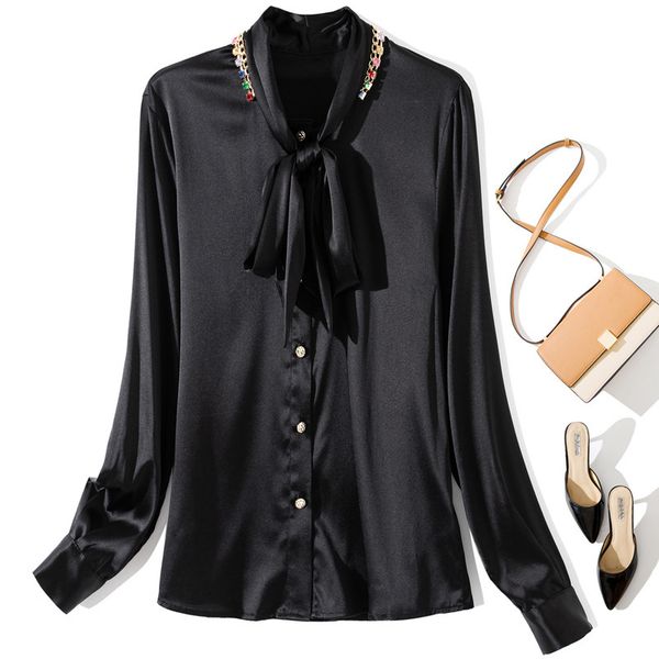women's blouses & shirts 2021 spring summer diamonds bowtie sleeves long shirt of 100% silk t755, White
women's blouses & shirts 2021 spring summer diamonds bowtie sleeves long shirt of 100% silk t755, White