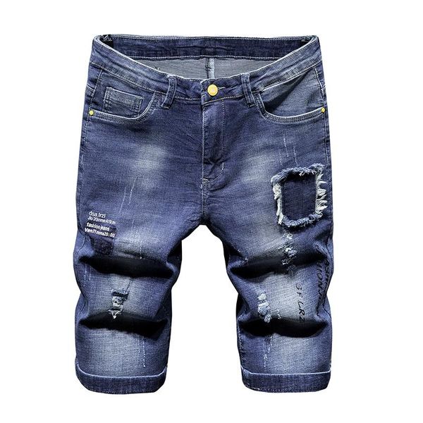 summer personality broken hole letter printing stretch denim shorts trend brand young men's fashion jeans, Blue
summer personality broken hole letter printing stretch denim shorts trend brand young men's fashion jeans, Blue