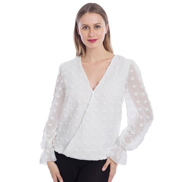 women's t-shirt 2021 fashion women v neck elegant jacquard shirt female long sleeve chic polka dot solid color mesh blouses, White 
women's t-shirt 2021 fashion women v neck elegant jacquard shirt female long sleeve chic polka dot solid color mesh blouses, White