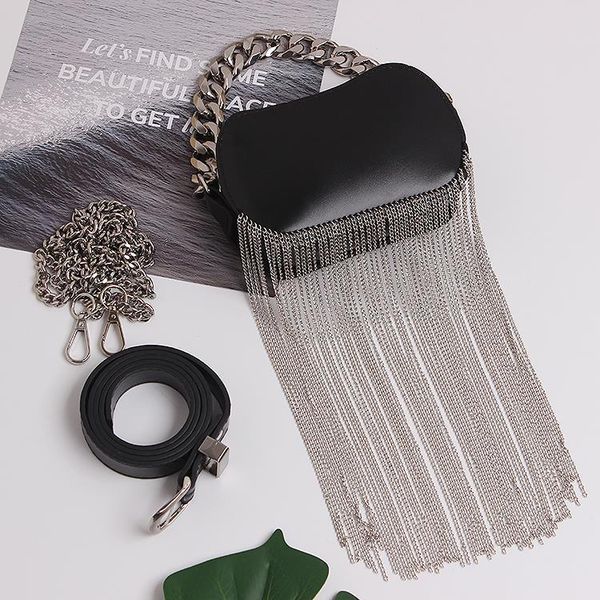 long metal chain tassel women fanny packs oval waist bags black pu leather waist belt phone packs crossbody shoulder bag
long metal chain tassel women fanny packs oval waist bags black pu leather waist belt phone packs crossbody shoulder bag
