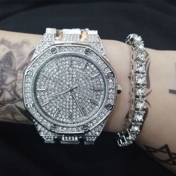 designer watch brand table luxury es rap hip hop diamond studded large dial trendy man hiphop bracelet punk, Slivery;brown