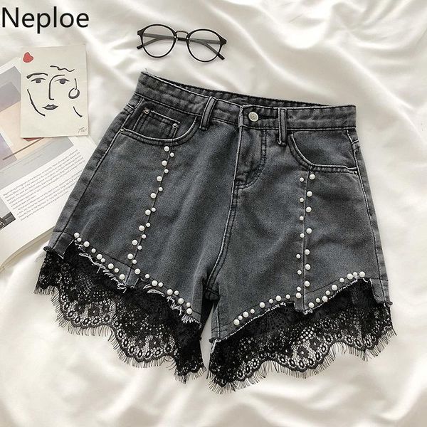 women's shorts neploe lace beading patchwork denim women korean zipper button ladies bottoms casual high waist female 1c259, White;black 
women's shorts neploe lace beading patchwork denim women korean zipper button ladies bottoms casual high waist female 1c259, White;black