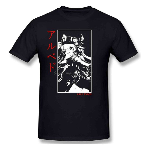 hu tao genshin impact men's t-shirt, large street cloth, pure cotton, short sv, harajuku, White;black