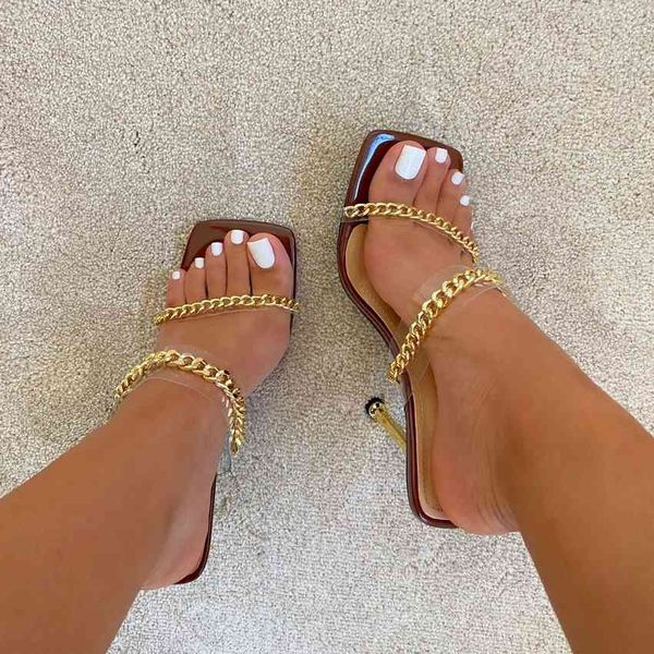 summer pumps fashion chain slippers sandals shoes women thin high heels slip on square toe slides sandal lady pump shoes mules k78, Black