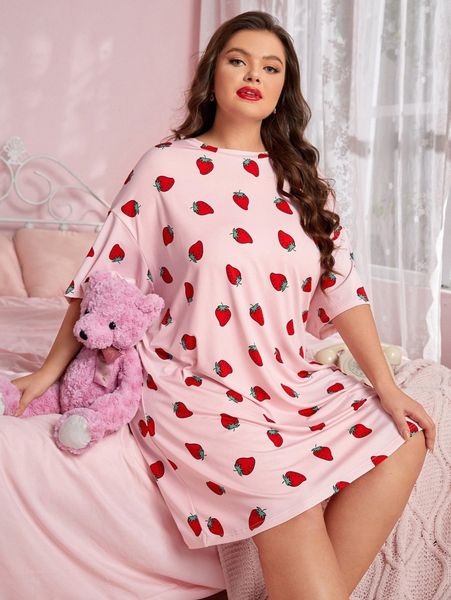 plus strawberry print drop shoulder night dress x5fh#, Black;white 
plus strawberry print drop shoulder night dress x5fh#, Black;white