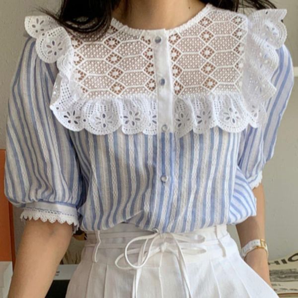 women's blouses & shirts qoerlin striped women chic vintage shirt sailor collar 2021 short sleeve loose fashion all match casual street, White
women's blouses & shirts qoerlin striped women chic vintage shirt sailor collar 2021 short sleeve loose fashion all match casual street, White
