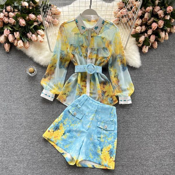 women's tracksuits 2021 summer elegant printed chiffon shirt two-piece versatile high waist wide leg shorts fashion outfits set, Gray
women's tracksuits 2021 summer elegant printed chiffon shirt two-piece versatile high waist wide leg shorts fashion outfits set, Gray