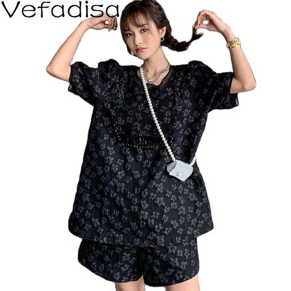women's tracksuits vefadisa black white summer jacquard design women set 2021 beading decoration female t-shirt + elastic waist shorts, Gray
women's tracksuits vefadisa black white summer jacquard design women set 2021 beading decoration female t-shirt + elastic waist shorts, Gray