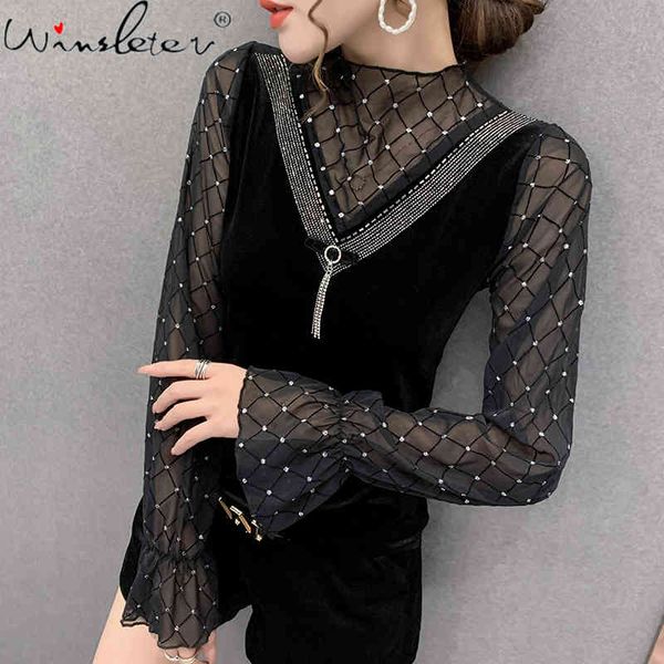 women's t-shirt spring fall korean style girls fashion shiny diamonds mesh patchwork veet women all match tees 2021 t116, White
women's t-shirt spring fall korean style girls fashion shiny diamonds mesh patchwork veet women all match tees 2021 t116, White