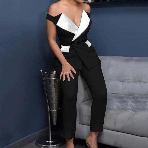 two piece dress colorblock off shoulder notched collar buttoned blazer and pants sets women office 2 outfits, White
two piece dress colorblock off shoulder notched collar buttoned blazer and pants sets women office 2 outfits, White