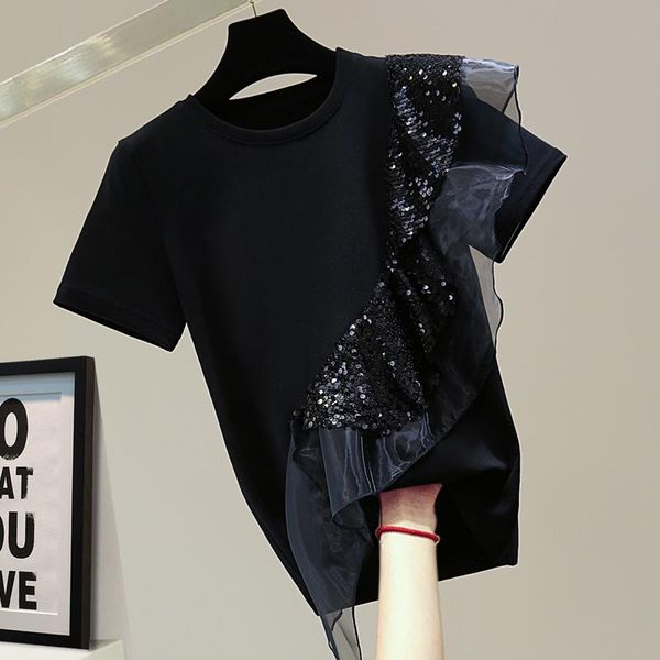 women's t-shirt sequin women 2021 summer sequins stitching stretch casual tshirt irregular ruffled short sleeves female t-shirts, White
women's t-shirt sequin women 2021 summer sequins stitching stretch casual tshirt irregular ruffled short sleeves female t-shirts, White