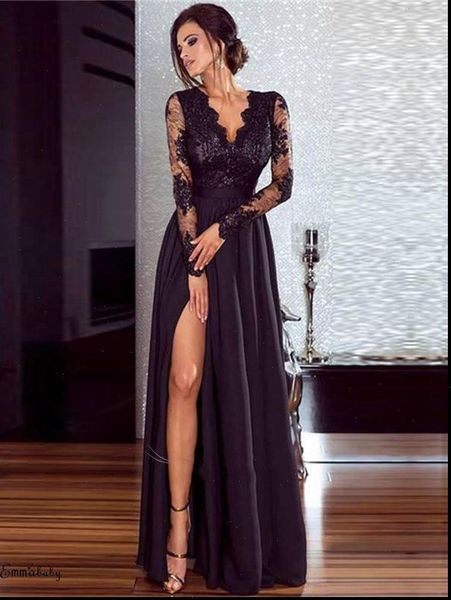 womens dress fashion women v neck lace long sleeve female formal prom gown party evening high split, Black;gray
womens dress fashion women v neck lace long sleeve female formal prom gown party evening high split, Black;gray