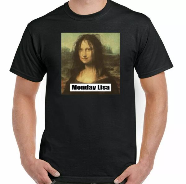 monday lisa t-shirt mens funny mona parody messy hair work office humour top, White;black 
monday lisa t-shirt mens funny mona parody messy hair work office humour top, White;black