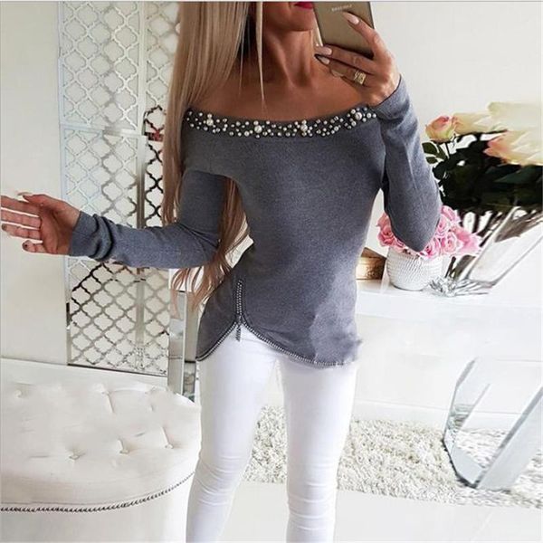 women's t-shirt women autumn fashion long sleeve personality pearl slash neck solid zipper hem chic design stylish knitted tunic, White
women's t-shirt women autumn fashion long sleeve personality pearl slash neck solid zipper hem chic design stylish knitted tunic, White