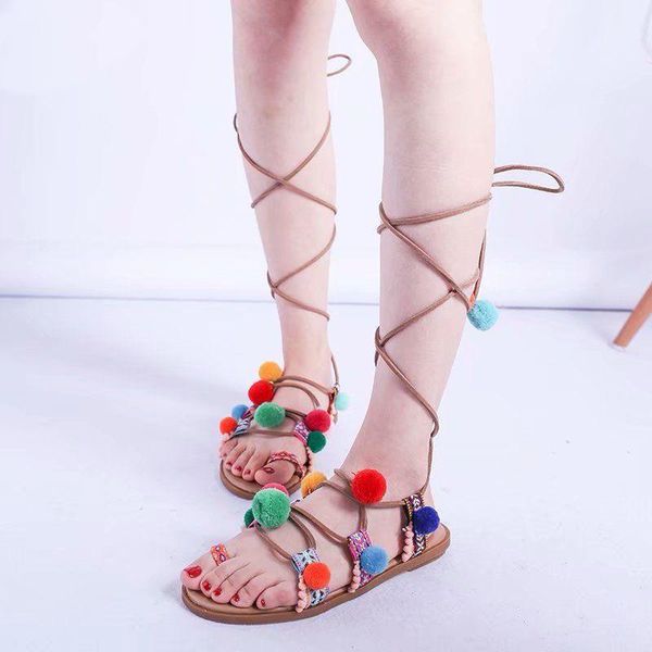 ethnic rome gladiator sandals women lace up knee high summer colorful pompon cross tied flats plus size 32-43, Black
ethnic rome gladiator sandals women lace up knee high summer colorful pompon cross tied flats plus size 32-43, Black