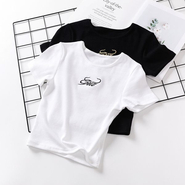 2020 women's new style devil pattern embroidery short sleeve threaded t-shirt slim fit short top, White
2020 women's new style devil pattern embroidery short sleeve threaded t-shirt slim fit short top, White