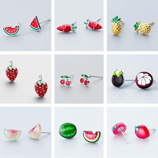 stud ponykiss trendy 925 sterling silver cherry watermelon fruit zircon earrings woman party fine jewelry wholesale accessory, Golden;silver