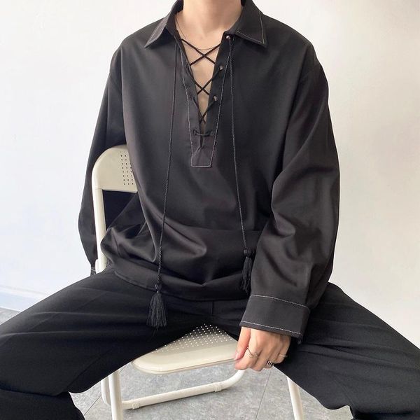 men's casual shirts spring and autumn personality tassel ribbon design fashion trend black lapel long sleeve shirt, White;black
men's casual shirts spring and autumn personality tassel ribbon design fashion trend black lapel long sleeve shirt, White;black