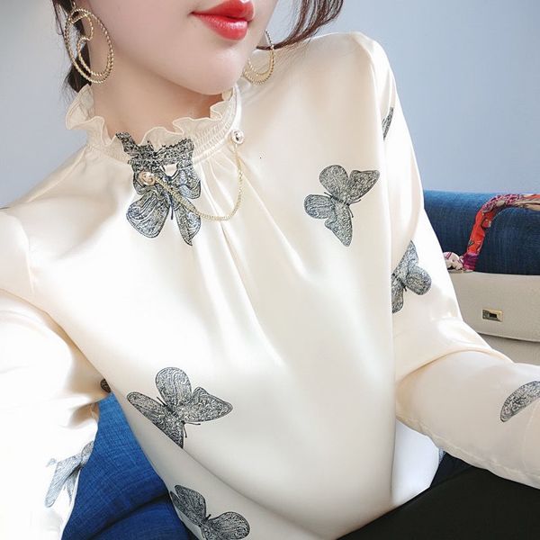 women's butterfly printed gauze shirt, clothing, ear edge, high collar, pleated, light, ripe, spring, White
women's butterfly printed gauze shirt, clothing, ear edge, high collar, pleated, light, ripe, spring, White