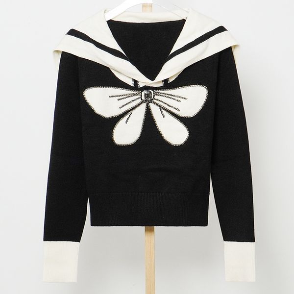 1118 2022 runway autumn brand same style sweater short sleeve black lapel neck pullover fashion clothes womens yingjie, White;black 
1118 2022 runway autumn brand same style sweater short sleeve black lapel neck pullover fashion clothes womens yingjie, White;black