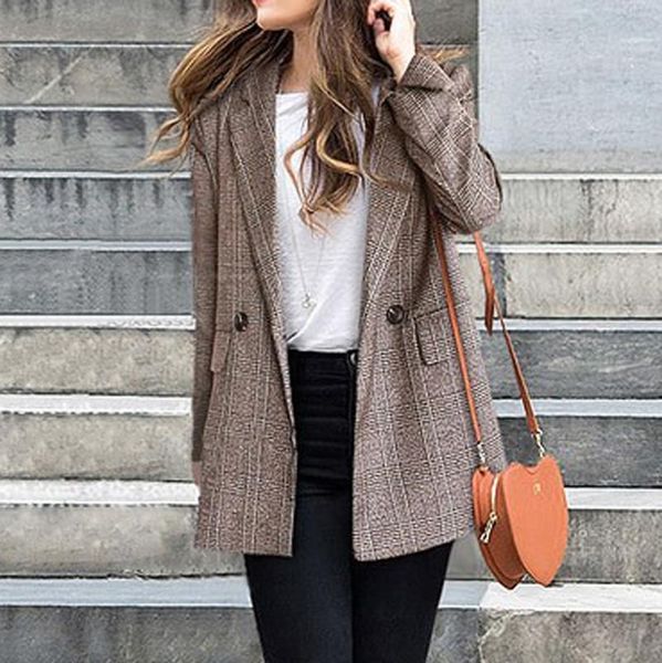 women's suits & blazers fashion long blazer women casual loose long sleeve plaid print button pocket feminino office lady s e2sk, White;black
women's suits & blazers fashion long blazer women casual loose long sleeve plaid print button pocket feminino office lady s e2sk, White;black