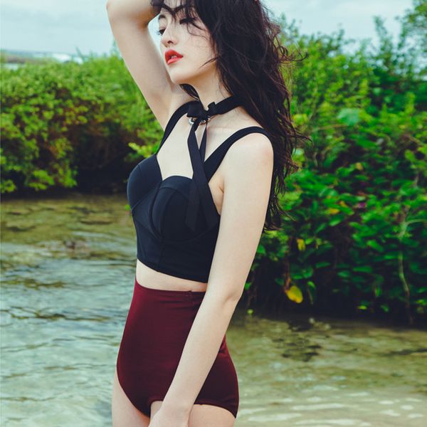 Swimsuit Bikini two piece Thai swimsuit wine red high waist steel ring sling split hot spring, White;black
Swimsuit Bikini two piece Thai swimsuit wine red high waist steel ring sling split hot spring, White;black