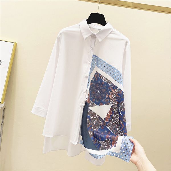 retro print patchwork irregular shirt korean style summer women's casual blouse shirts a2613 210428, White 
retro print patchwork irregular shirt korean style summer women's casual blouse shirts a2613 210428, White
