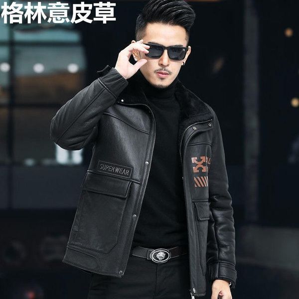 men's leather & faux original ecological sheepskin wool integrated coat fur jacket lapel locomotive sheep shearing, Black
men's leather & faux original ecological sheepskin wool integrated coat fur jacket lapel locomotive sheep shearing, Black