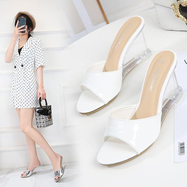 women slipper high-heeled patent leather slippers women's shoes sandals transparent wedge, Black
women slipper high-heeled patent leather slippers women's shoes sandals transparent wedge, Black