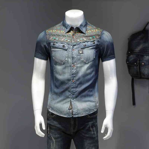 denim shirt men embroidery casual slim short sleeve shirts club party stage singer streetwear social shirt camisa 210527, White;black
denim shirt men embroidery casual slim short sleeve shirts club party stage singer streetwear social shirt camisa 210527, White;black
