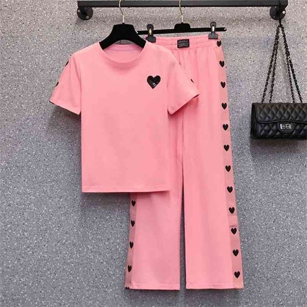 summer elegant casual 2 pieces set tracksuit women pink love t-shirt + high waist wide leg pants suit 210519, White
summer elegant casual 2 pieces set tracksuit women pink love t-shirt + high waist wide leg pants suit 210519, White