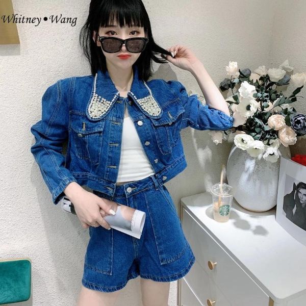 women's jackets whitney wang 2021 spring fashion streetwear diamonds beading collar denim coat and jeans shorts suits women 2 pieces se, Black;brown
women's jackets whitney wang 2021 spring fashion streetwear diamonds beading collar denim coat and jeans shorts suits women 2 pieces se, Black;brown