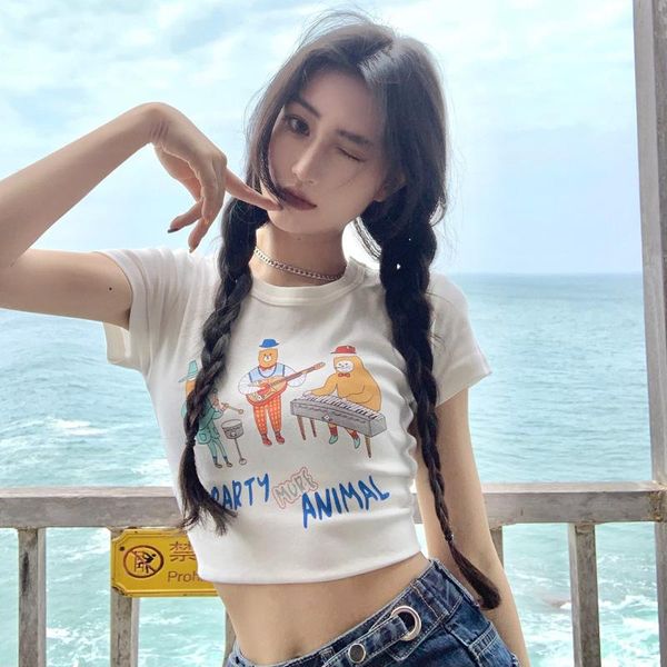 women's t-shirt women band bear print crop summer fashion o-neck cotton with short sleeves, White
women's t-shirt women band bear print crop summer fashion o-neck cotton with short sleeves, White