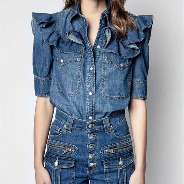 women's sweaters sweaters women ruffles trim denim blouse single breasted turn-down collar shirt female short-sleeved with po 918r, White;black
women's sweaters sweaters women ruffles trim denim blouse single breasted turn-down collar shirt female short-sleeved with po 918r, White;black
